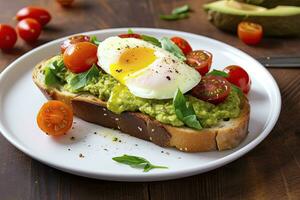 AI generated Avocado toast with eggs and roasted tomatoes. AI Generated photo