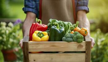 AI generated Farmer man holding wooden box full of fresh raw vegetables. AI Generated photo