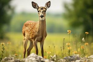 AI generated Female roe deer with beautiful flower. AI Generated photo