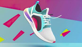 AI generated Flying trendy sneakers on creative colorful background, Stylish fashionable concept. AI Generated photo