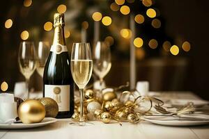 AI generated Christmas table setting with holiday decorations in gold color. AI Generated photo