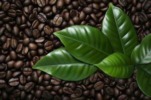 AI generated Green leaves with coffee beans as background. AI Generated photo