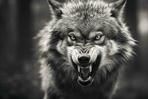 AI generated Greyscale closeup shot of an angry wolf with a blurred background. AI Generated photo