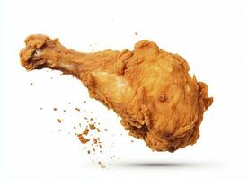 AI generated Fried chicken leg falling in the air isolated on a white background. AI Generated. photo