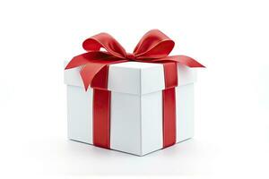 AI generated Gift box with red ribbon isolated on white background. AI Generated photo