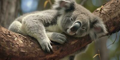 AI generated Koala asleep in tree. AI Generated photo