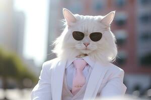 AI generated A cat is wearing sunglasses, suit and standing on street. AI Generated photo