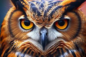 AI generated Owl headshot with closeup of face. Generative AI photo