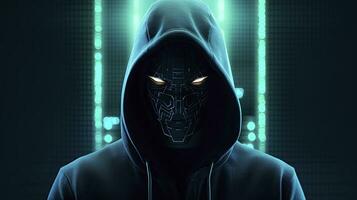 AI generated Binary Intrigue. Anonymous robotic hacker. Concept of hacking. AI Generated photo