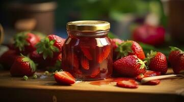 AI generated Strawberry jam and fresh berries. Generative AI photo