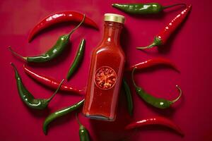 ai generado Tabasco caliente pimienta salsa con rojo chile pimienta, plano poner. generativo ai foto