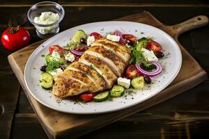 AI generated Seared chicken breast and Greek salad on a wooden table. Generative AI photo