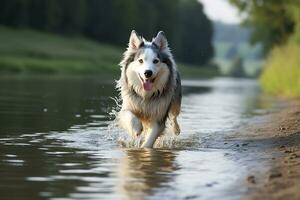 AI generated The dog runs on the water. Generative AI photo