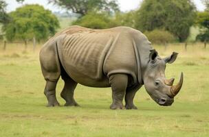 AI generated White Rhino grazing. AI Generated photo