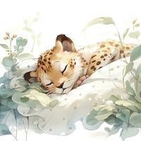 AI generated A sleepy baby leopard in a bedding, watercolor illustration. AI Generated photo