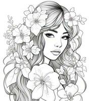 AI generated A girl on a coloring book page with Jasmine flowers. AI Generated photo