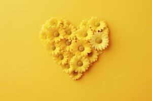 AI generated Yellow Heart Shaped By Yellow Daisies Over Yellow Background. AI Generated photo