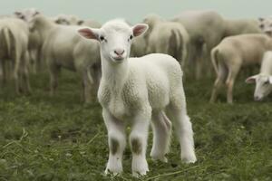 AI generated White lamb in a field in front of other animals. Generative AI photo