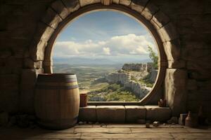 AI generated Barrel in an ancient castle beside the window. AI Generated photo