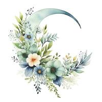 AI generated Watercolor floral Moon with greenery on a white background. AI Generated photo