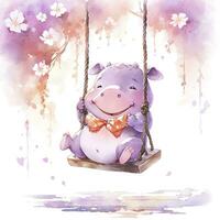 AI generated Cute happy baby rhino on swings in the tree in watercolor style. AI Generated photo