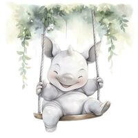 AI generated Cute happy baby rhino on swings in the tree in watercolor style. AI Generated photo