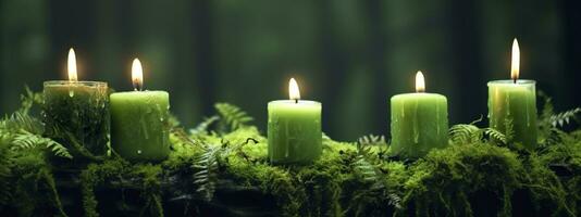 AI generated Burning candles on moss, dark green blurred the natural background. Magic candle. Generative AI photo