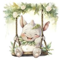 AI generated Cute happy baby rhino on swings in the tree in watercolor style. AI Generated photo