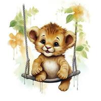 AI generated Cute happy baby lion on swings attached to the tree in watercolor style. AI Generated photo