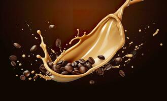 AI generated hot liquid coffee splash with Coffee Bean falling, 3d illustration. AI Generated photo