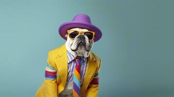 AI generated Cool looking bulldog wearing funky fashion dress. space for text right side. AI Generated photo