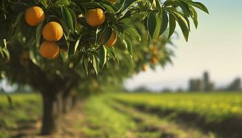 AI generated An orange tree is in the foreground with a farm field background. Generative AI photo