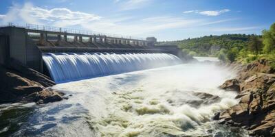 AI generated Hydroelectric dam generating green energy from flowing water.   AI Generated. photo