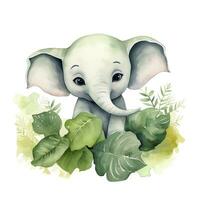 AI generated Happy cute baby elephant in green leaves in the watercolor style. AI Generated photo