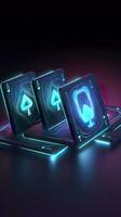 AI generated Some playing cards with glowing neon designs on a tablet. Generative AI photo