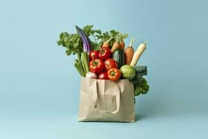 AI generated Grocery full bag. white shopping bag with vegetables in light blue background. Generative AI photo