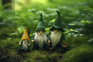 AI generated Toy Irish gnomes in a mystery forest, abstract green natural background. Generative AI photo