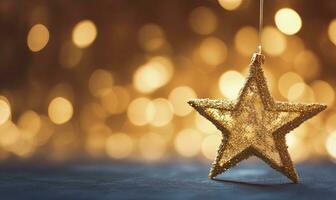 AI generated Sparkling Golden Christmas Star. Ornament Decoration Defocused Bokeh Background. AI Generated photo