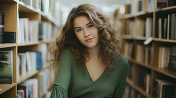 AI generated A 20 Year Old Woman in a Green Dress and Wavy Hair,  in Bookstore Shelves. photo