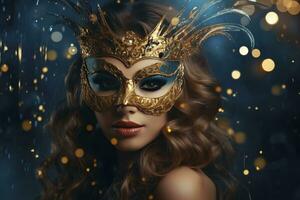 ai generado un joven mujer adornado en un carnaval máscara en contra un festivo carnaval antecedentes. foto