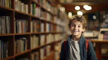AI generated Cute little children at a library. Back to school concept. photo