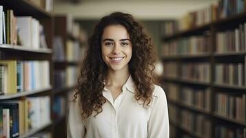 AI generated A Young Female Teacher with Wavy Hair Stands Among Bookstore Shelves, Surrounded by Books. photo