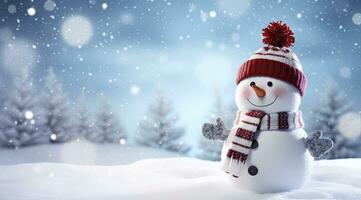 AI generated Happy snowman in the winter scenery. AI Generated photo