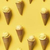 AI generated Ice Cream pattern on yellow background, top view. AI Generated photo