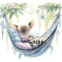 AI generated A sleepy baby zebra in a hammock. watercolor illustrations. AI Generated photo