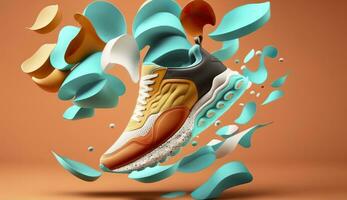 AI generated Flying trendy sneakers on creative colorful background, Stylish fashionable concept. AI Generated photo