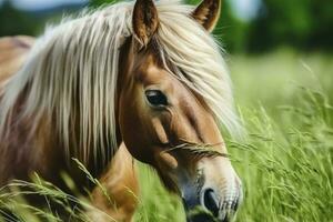 AI generated Brown horse with blond hair eats grass on a green meadow detail from the head. AI Generated photo