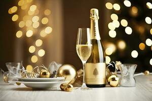 AI generated Christmas table setting with holiday decorations in gold color. AI Generated photo