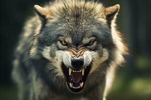 AI generated Greyscale closeup shot of an angry wolf with a blurred background. AI Generated photo