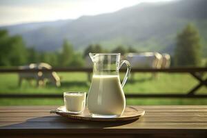 AI generated Glass pitcher with fresh milk on a wooden table. AI Generated photo